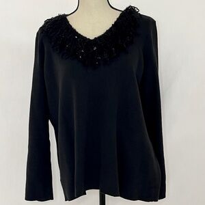 VINTAGE SUSAN BRISTOL Black V Neck Pullover Sweater Embellished Neckline Sz 1X